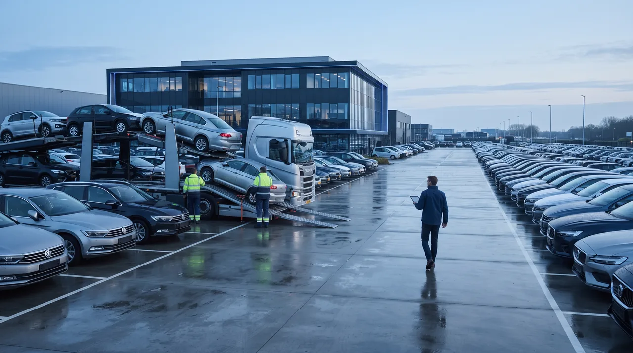 Fleet management in de praktijk: nieuwe zakelijke leaseauto's worden bij zonsopkomst van een autotransporter gelost