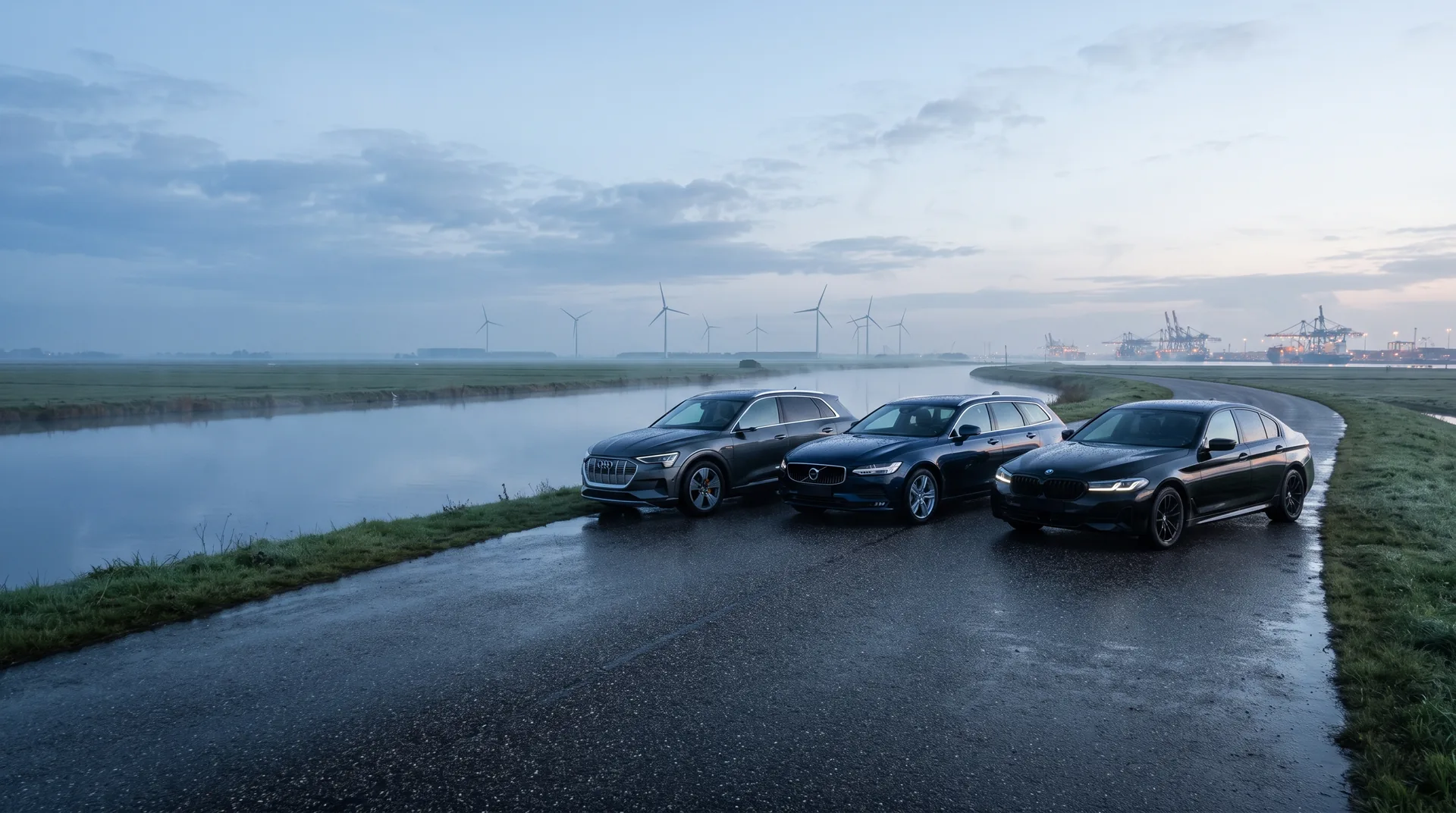 Zakelijke leaseauto's van Auto.Lease op een Nederlandse dijk bij zonsopkomst, geïmporteerd uit Duitsland via AI-Autos